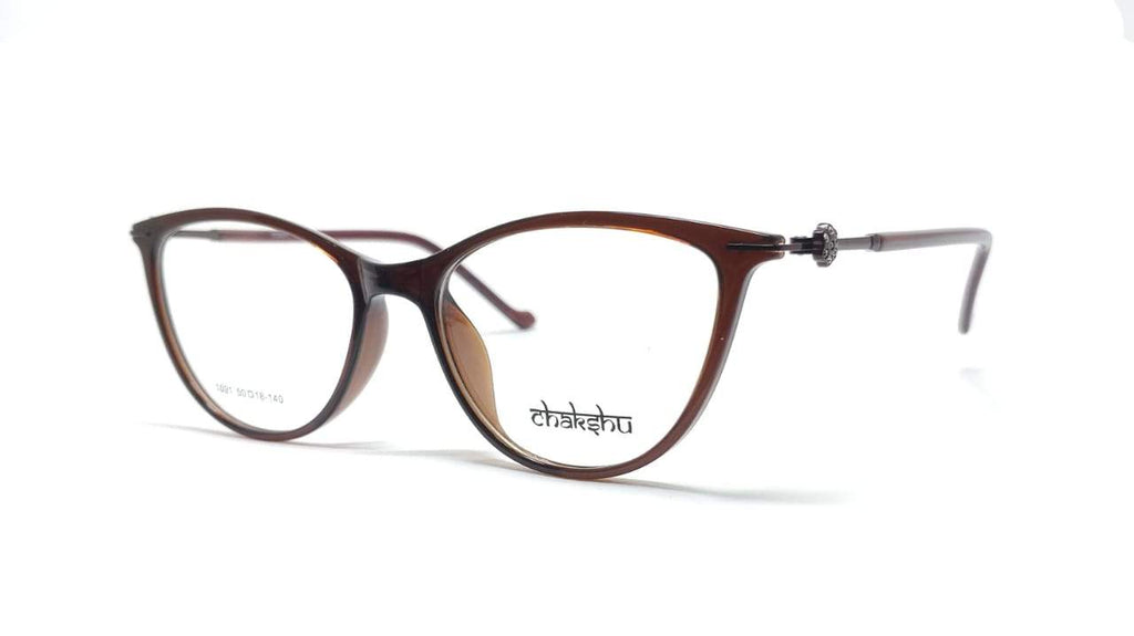 Cat Eye Crystal Studded Chakshu 1091 Plastic Specs For Women Shiny Brown